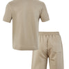 A beige men's casual jacquard short-sleeve shirt and drawstring shorts set displayed flat.