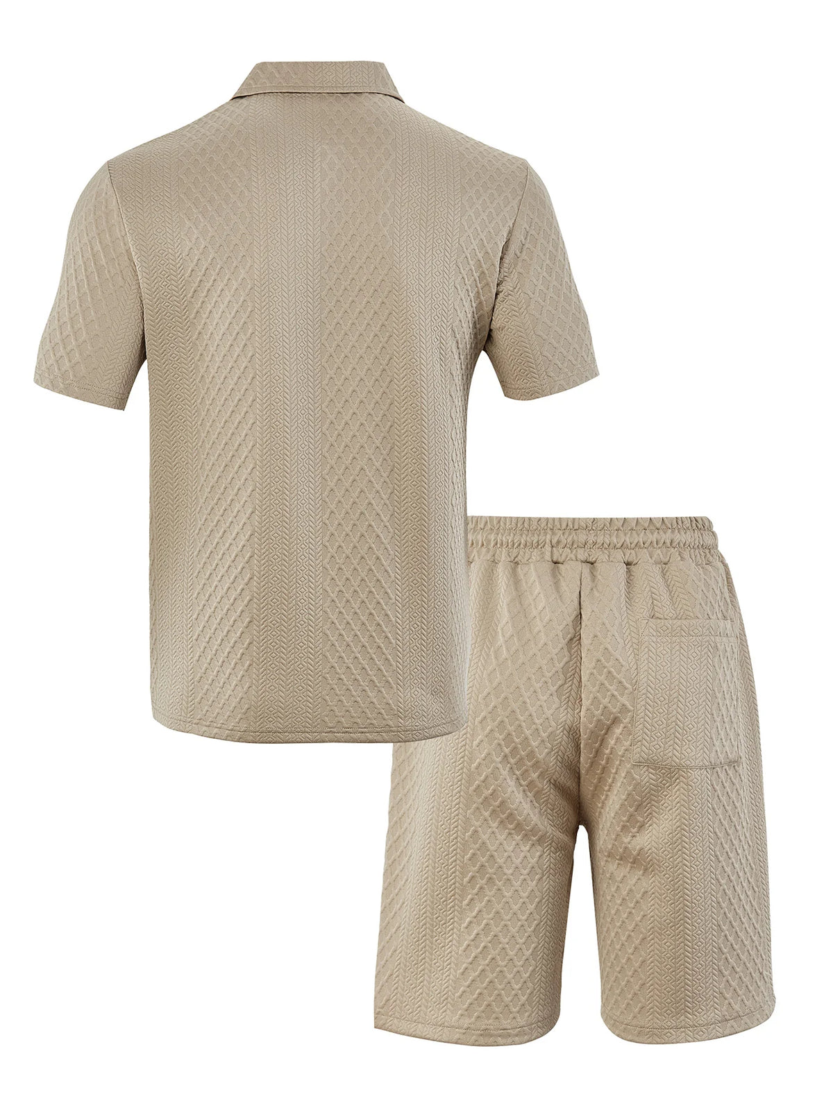 A beige men's casual jacquard short-sleeve shirt and drawstring shorts set displayed flat.