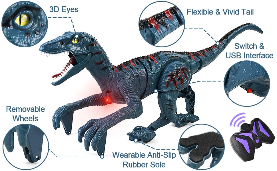 Detaljert visning av en fjernstyrt Velociraptor-dinoleke med 3D-øyne, fleksibel hale, avtagbare hjul og bryter.