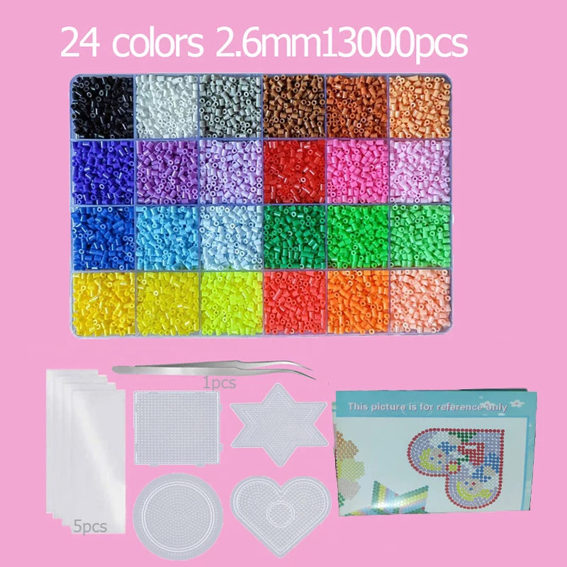 A collection of 24 colored fuse beads, ironing paper, and a star-shaped piece, packaged for craft kits.