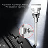 Stainless steel adjustable door hinge wrench with 90 degree opening shown next to a door hinge.
