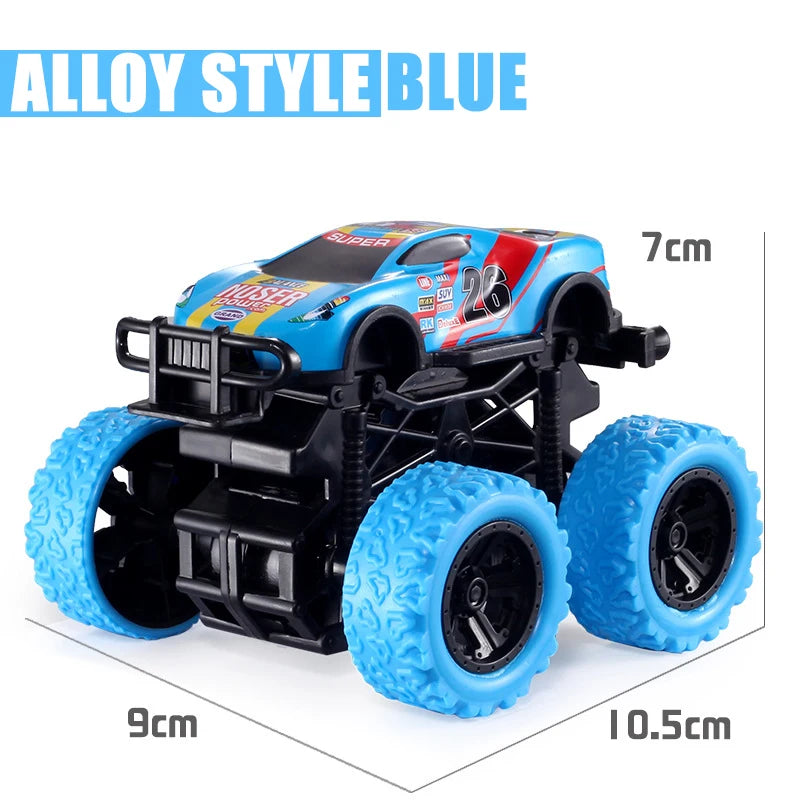 Blue alloy style pull-back stunt SUV toy car with large wheels