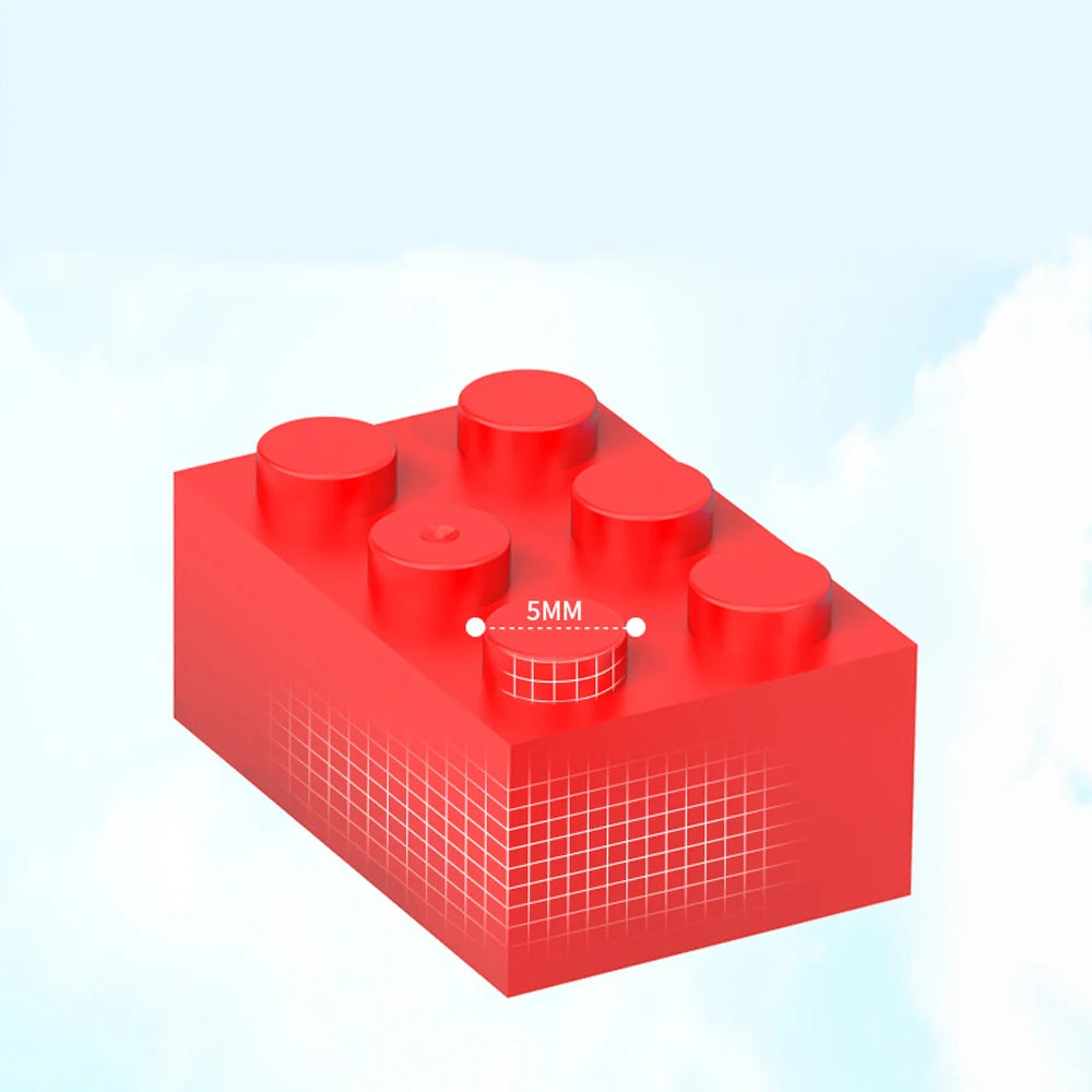 A red plastic building brick is shown from above, highlighting a 5mm dimension.