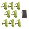 A set of six bright green reflective camping guy lines with aluminum tensioners shown individually.