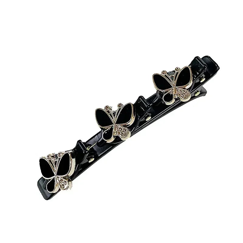 Clip para cabello negro de doble capa trenzado con mariposas doradas