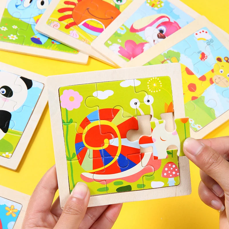 A hand holds a wooden 3D dinosaur puzzle piece set with colorful dinosaurs and natural elements.