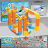 A set of magnetic train building blocks with a gravity maze for kids, featuring yellow and orange pieces and a train model.