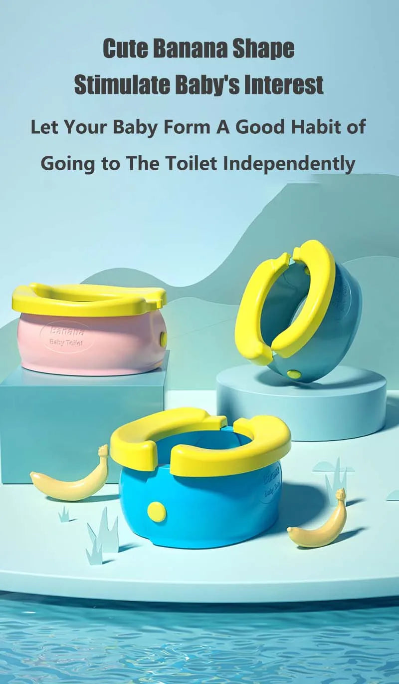Cute banana shape potty training toy in pink and blue colors with accompanying waste bags