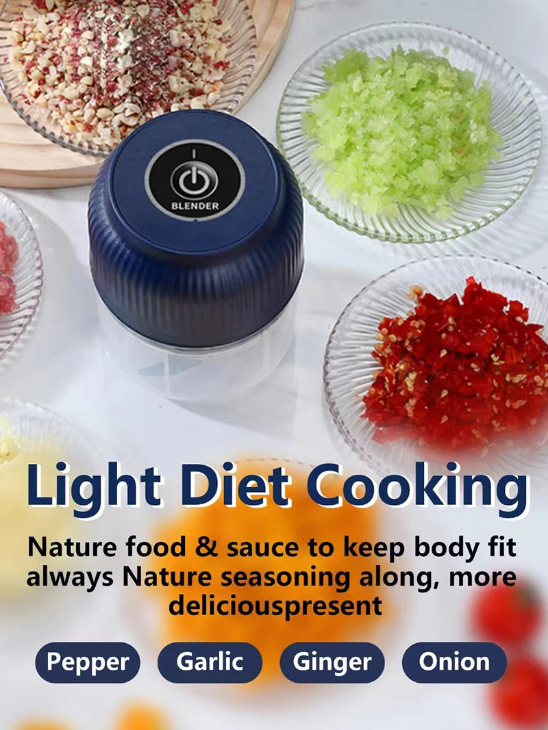 A collection of fresh ingredients like ginger, garlic, onion, and pepper are shown next to a dark blender jar.