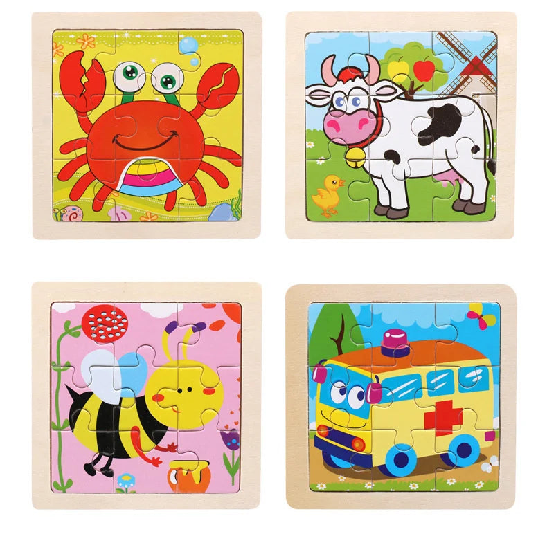 Three wooden jigsaw puzzles featuring a red crab, a white cow, and a yellow bee.