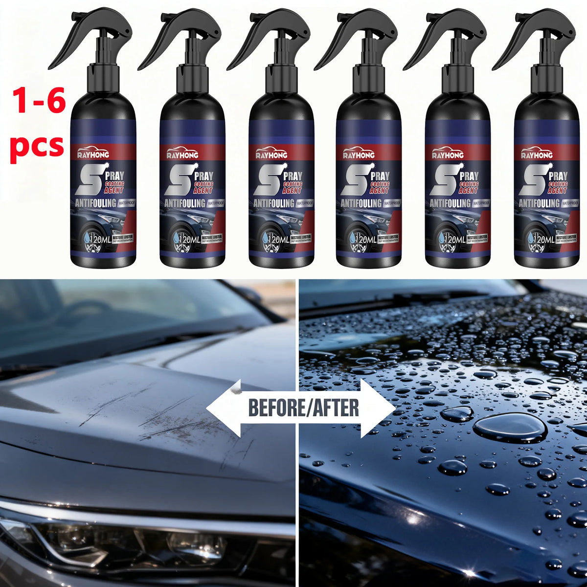 Seks flasker Rayhong nano keramikkbelegg spray for hydrofob beskyttelse på biloverflate.