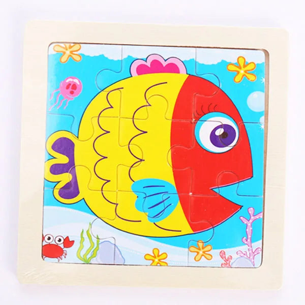 A colorful wooden puzzle featuring a bright yellow and red fish with purple accents.