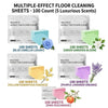 A collection of multi-effect floor cleaning sheets in various scents including blue camellia, green gardenia bloom, purple la