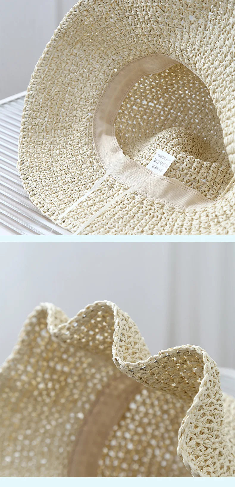Close-up view of a beige crochet straw fisherman hat with a wide brim and woven texture.