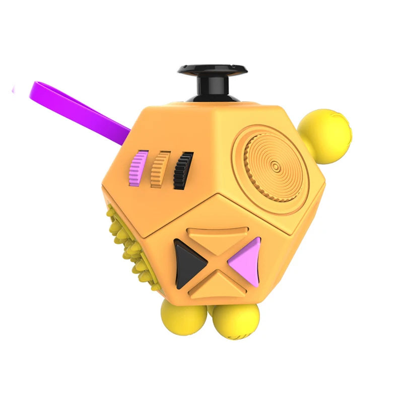 Un cubo fidget amarillo con acentos morados y parte superior negra, diseñado para aliviar el estrés.