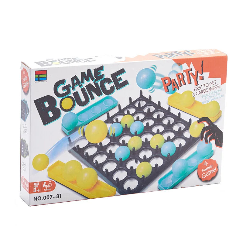 Box of Game Bounce a tabletop game featuring yellow and blue balls and a black grid
