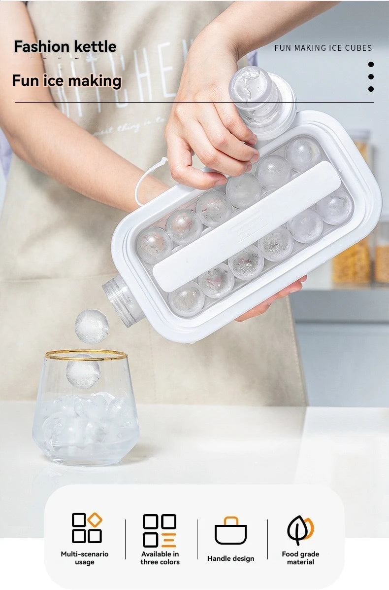 A hand is pouring ice cubes from a white mold into a glass of water, demonstrating the fun ice making product.