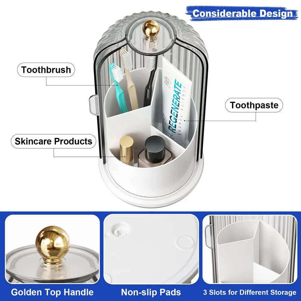 A clear rotating dustproof toothbrush holder with a dome cover designed for storing toothbrushes, toothpaste, and skincare pr