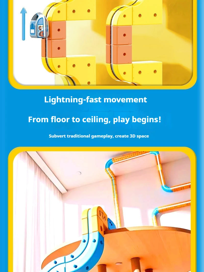 A yellow magnetic building block set demonstrating lightning-fast movement from floor to ceiling.