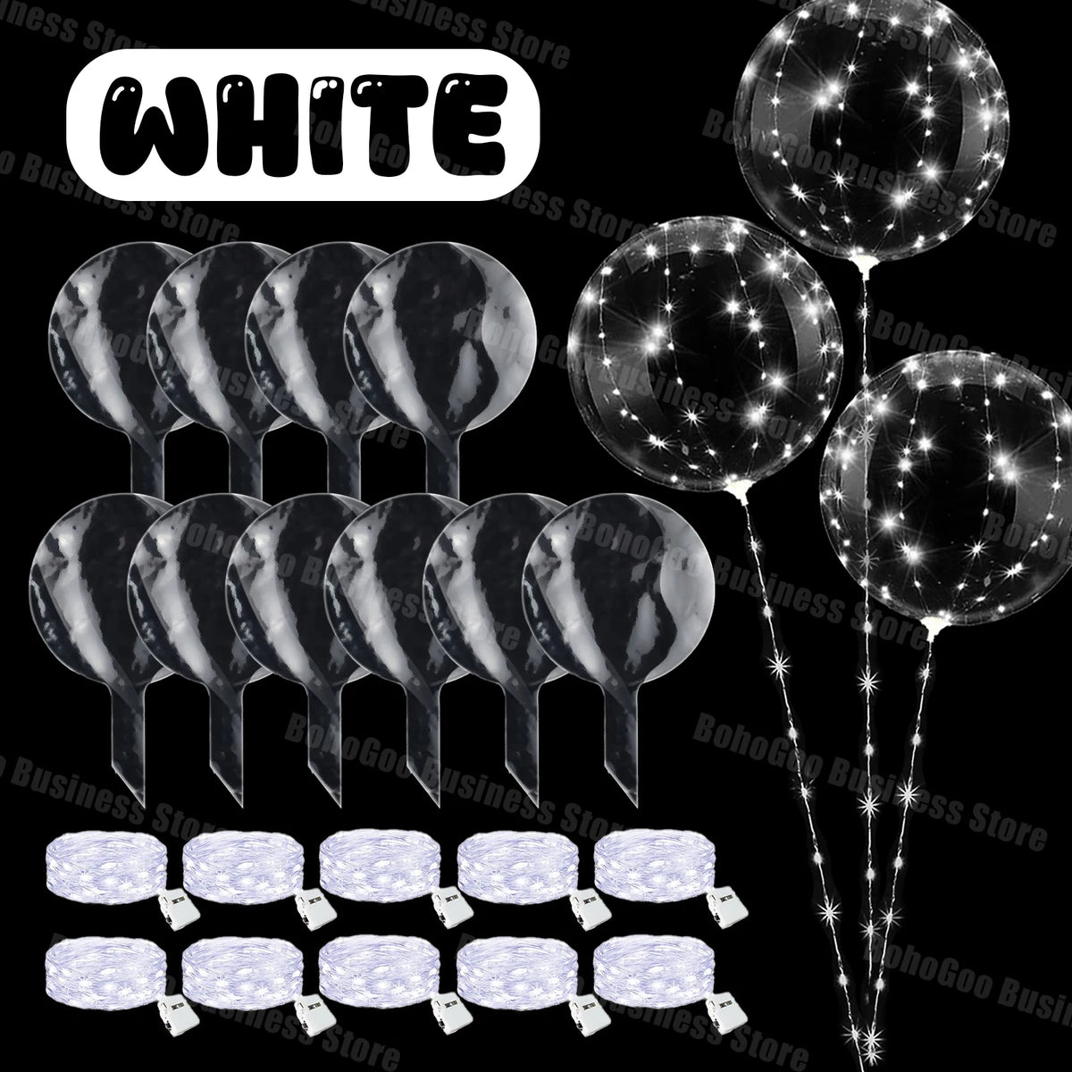 White LED light-up balloons with pre-strung lights for celebrations