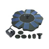 A solar floating water fountain with an RGB LED light panel and various accessories for garden use.