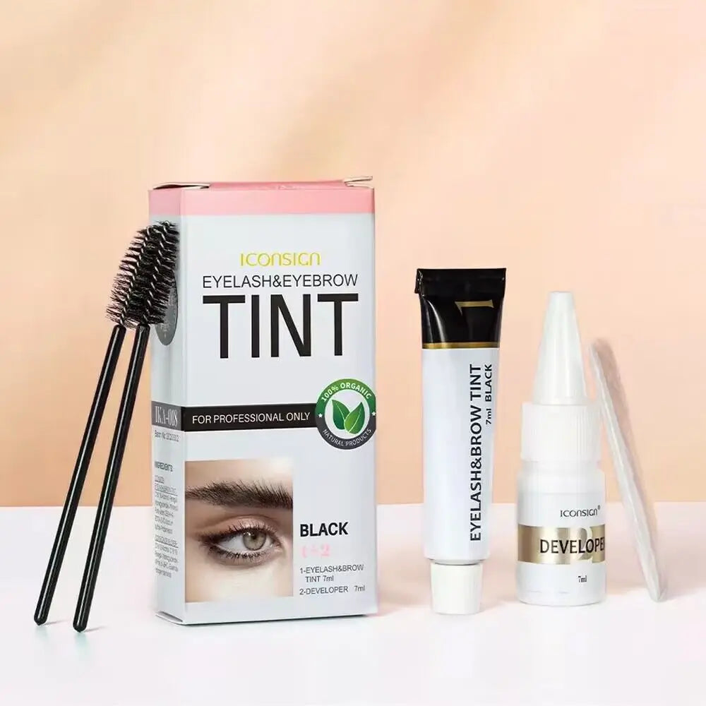 A box and applicator kit for tinting eyebrows and eyelashes in black color.