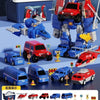 A set of magnetic engineering car robot building blocks featuring various vehicles and accessories.