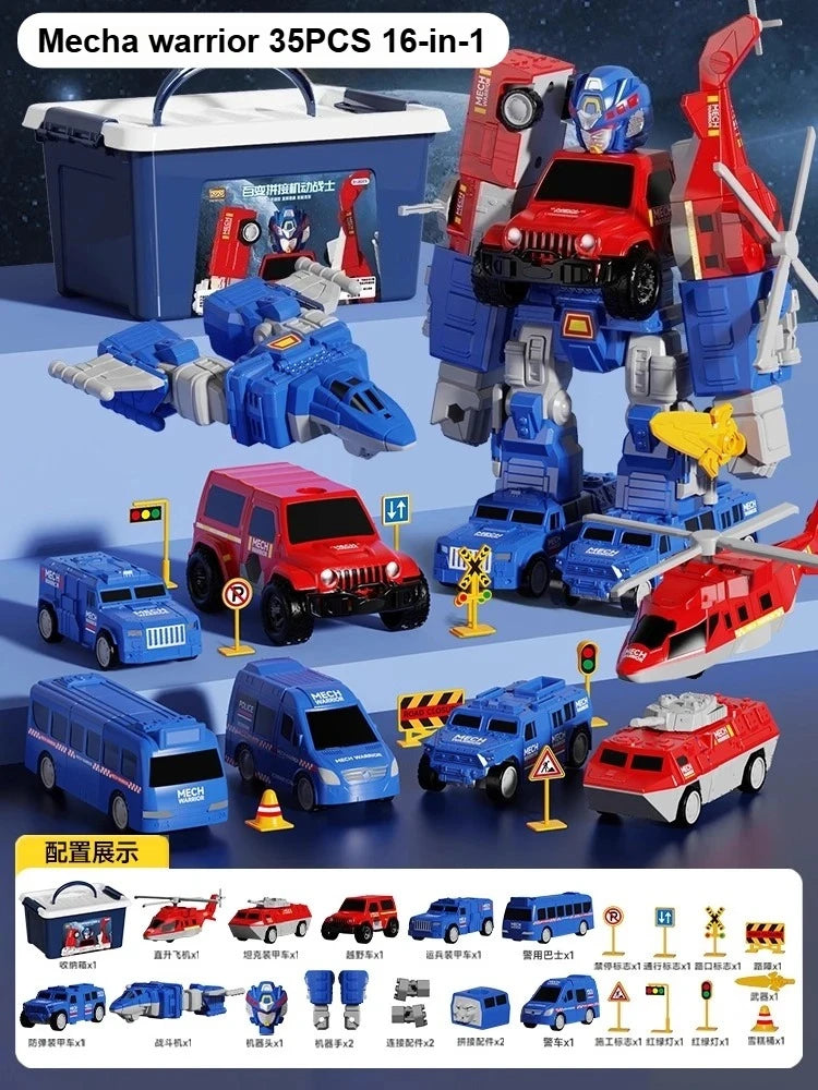 A set of magnetic engineering car robot building blocks featuring various vehicles and accessories.