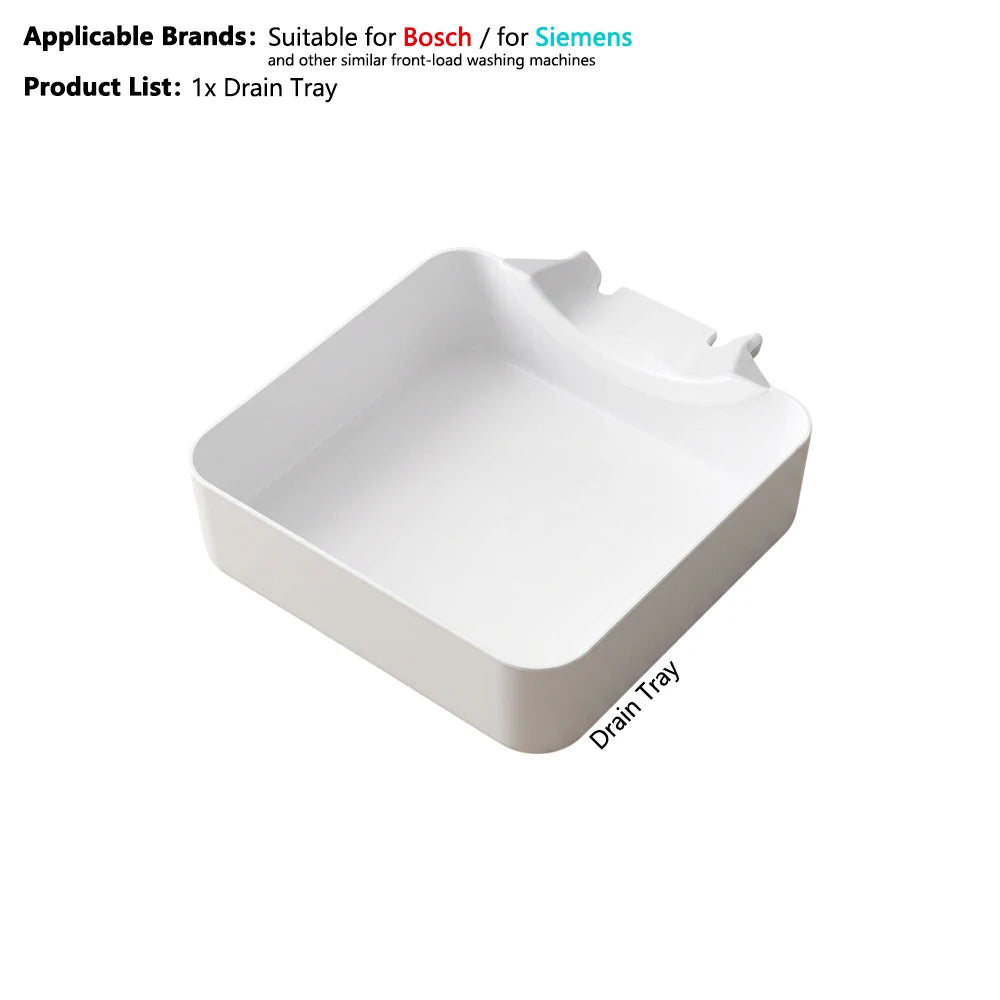 White plastic drain tray designed for Bosch and Siemens front-load washing machines.