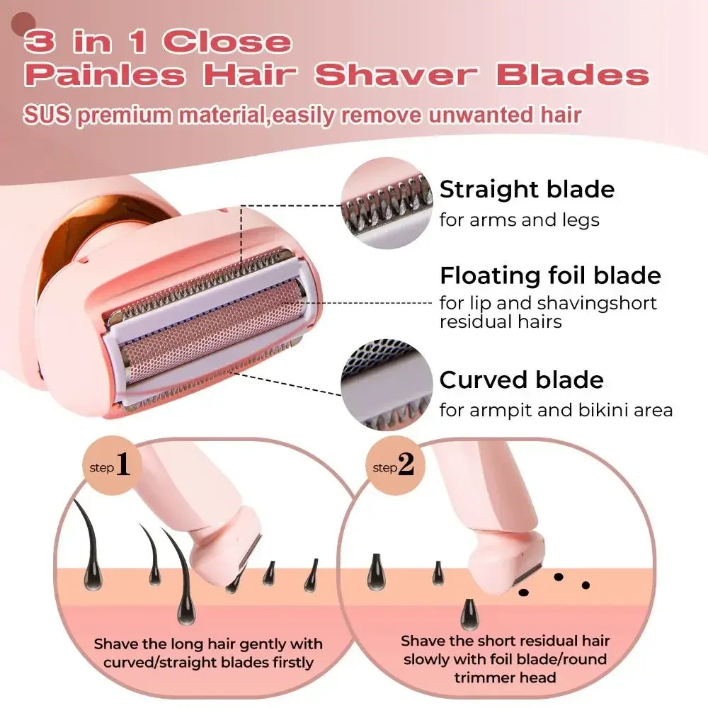 A pink 3 in 1 hair shaver with straight, floating foil, and curved blades shown for hair removal.
