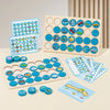 A wooden memory game featuring various colored and themed tiles arranged in a grid.