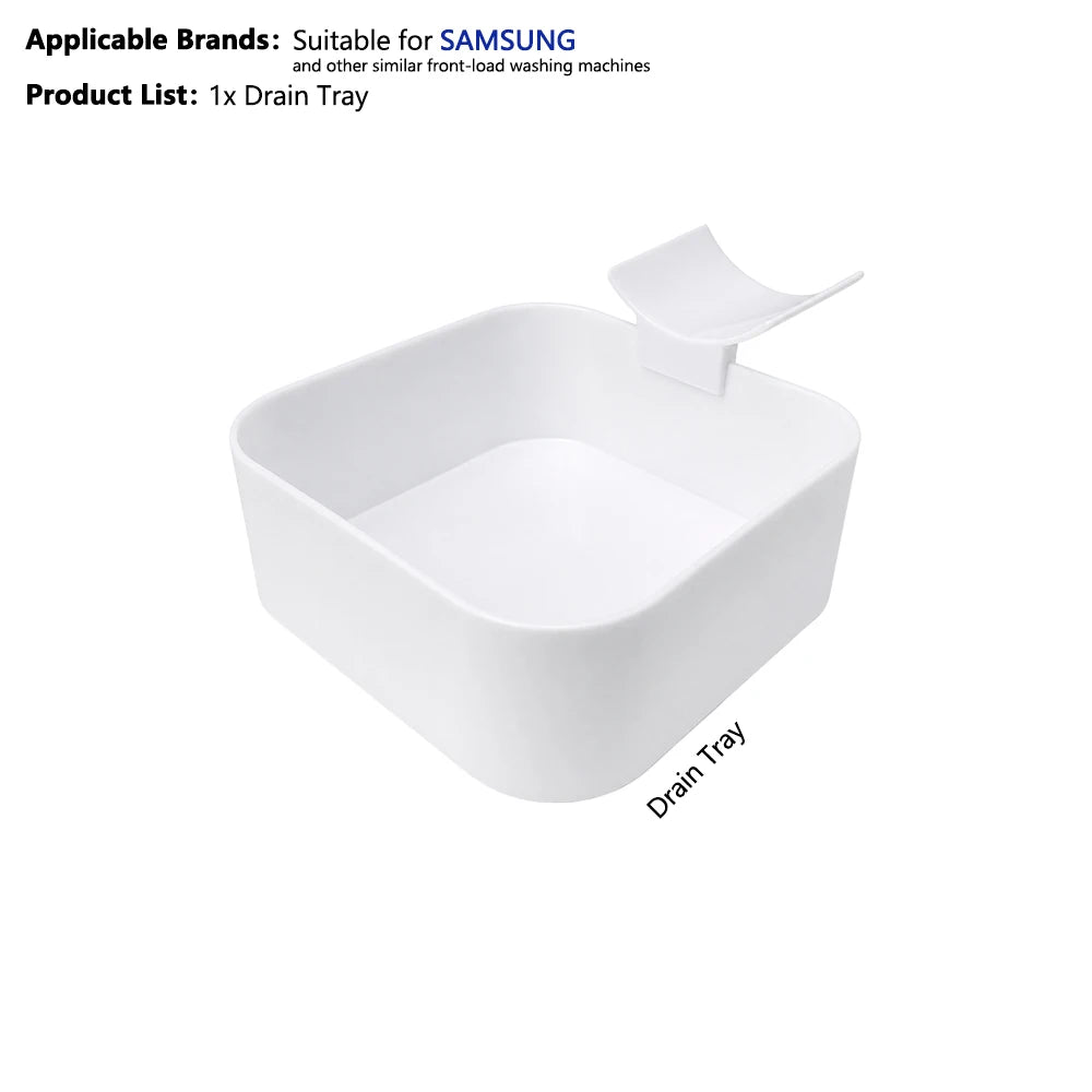 A white drain tray designed as a water catcher for washing machines.
