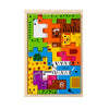 A wooden puzzle set featuring colorful animal shapes and transport elements.