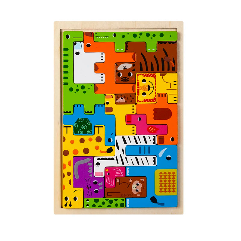 A wooden puzzle set featuring colorful animal shapes and transport elements.
