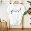 A white women's casual crew neck t-shirt featuring a black graphic text design.