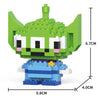 A green and blue micro building block figurine of an animal character with detailed dimensions shown.