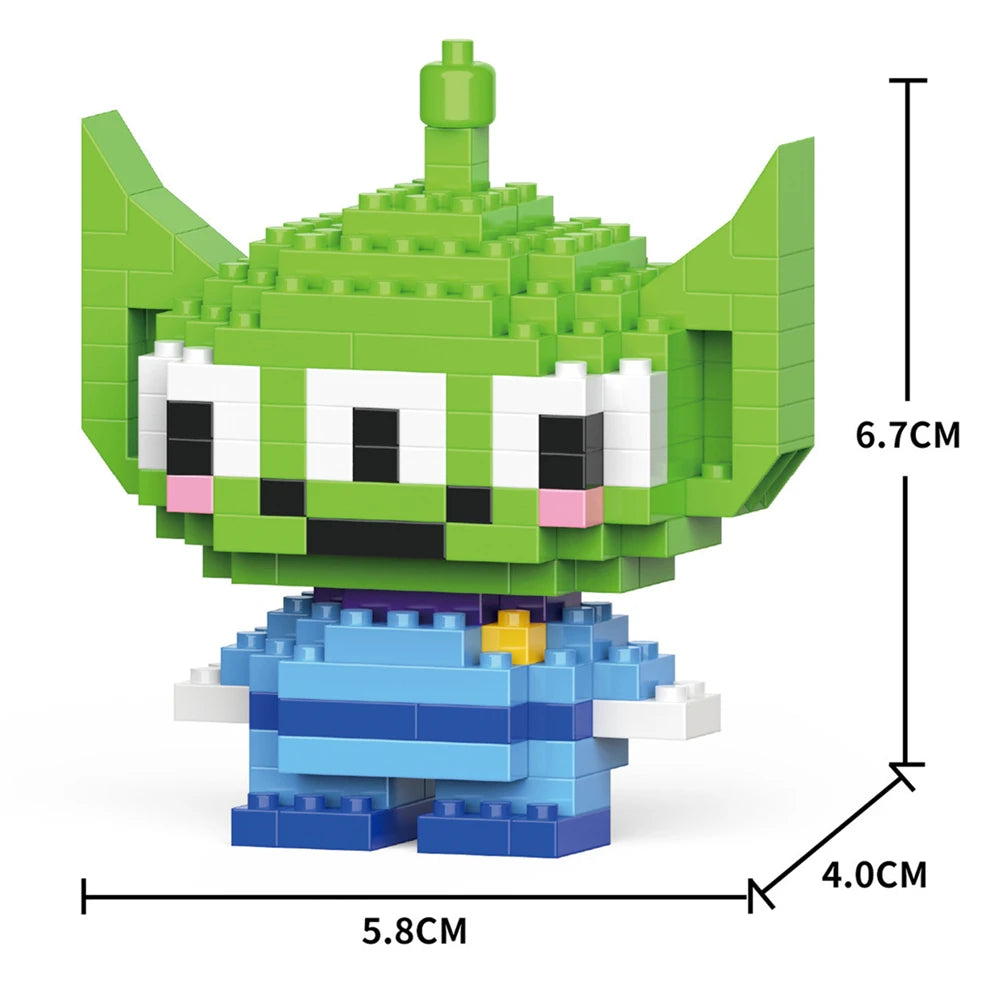 A green and blue micro building block figurine of an animal character with detailed dimensions shown.