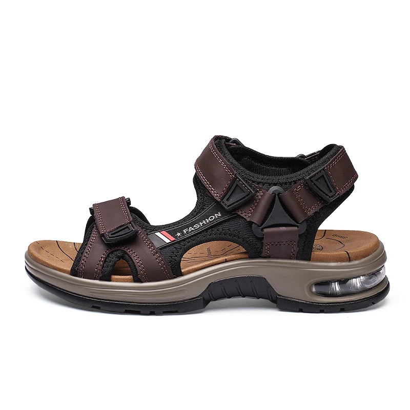 A pair of brown men's genuine leather air cushion sandals with black straps and a light tan sole.