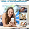 A woman is using a smartphone to view a live remote video feed from a security camera.
