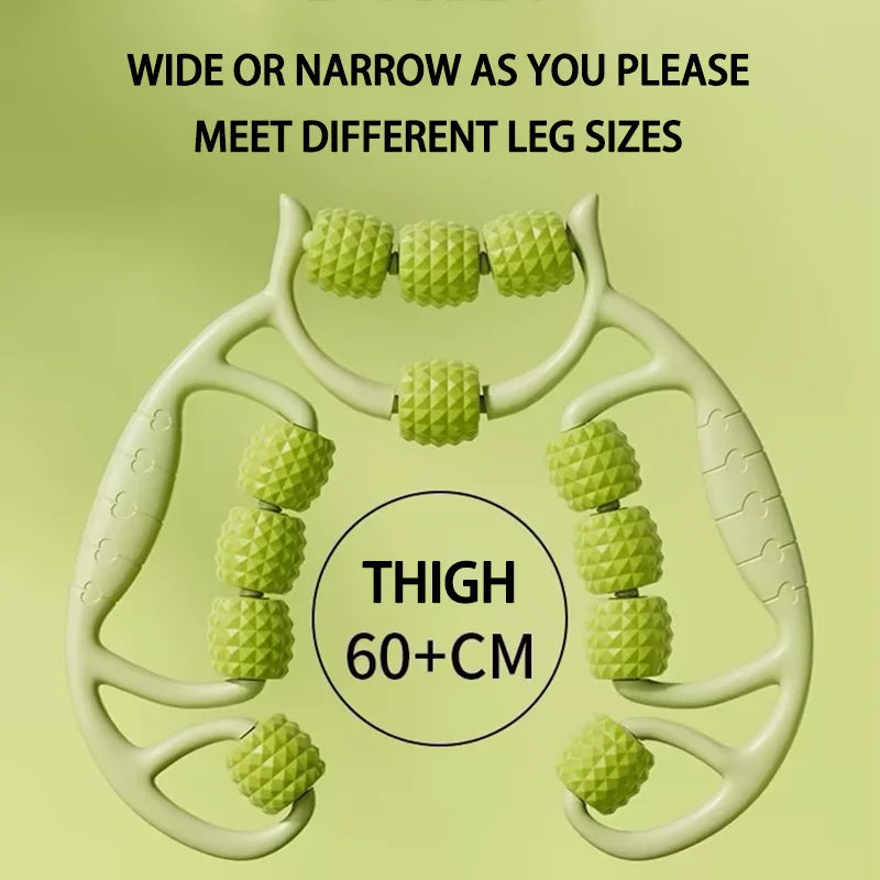 Rouleau de massage corporel vert clair, large ou étroit selon la taille des jambes, adapté aux cuisses de 60+ cm.