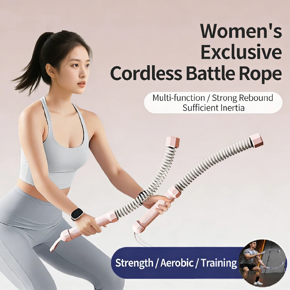 A woman is demonstrating a women's exclusive cordless battle rope for strength, aerobic, and training workouts.