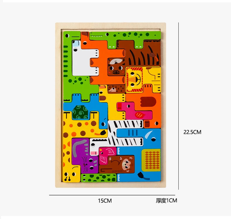 A wooden puzzle set featuring colorful animal shapes and transport elements for children.