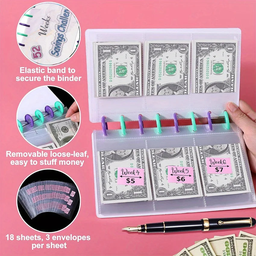 A clear plastic binder organizer showing sheets of money and an elastic band used to secure the binder.