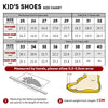 Size chart for kid's shoes showing foot and insole measurements for preschool, kids, and teens.