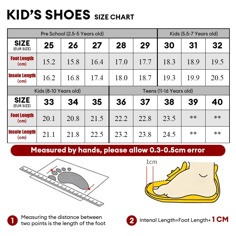 Size chart for kid's shoes showing foot and insole measurements for preschool, kids, and teens.