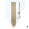 A long, straight blonde hair extension with a wrap-around clip-in ponytail design.