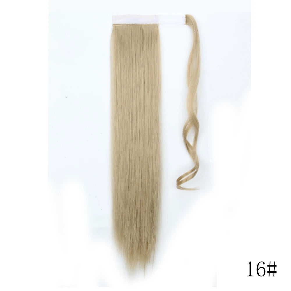 A long, straight blonde hair extension with a wrap-around clip-in ponytail design.