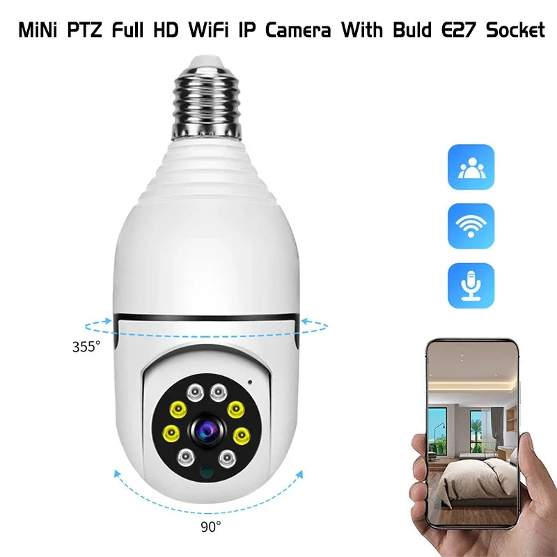 A white Mini PTZ HD WiFi IP camera with a built E27 socket, shown in a top-down view.