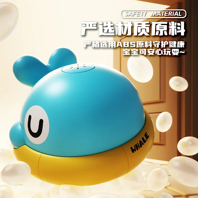 A blue and yellow musical light-up whale baby bath toy with a water spray is shown against a light background.