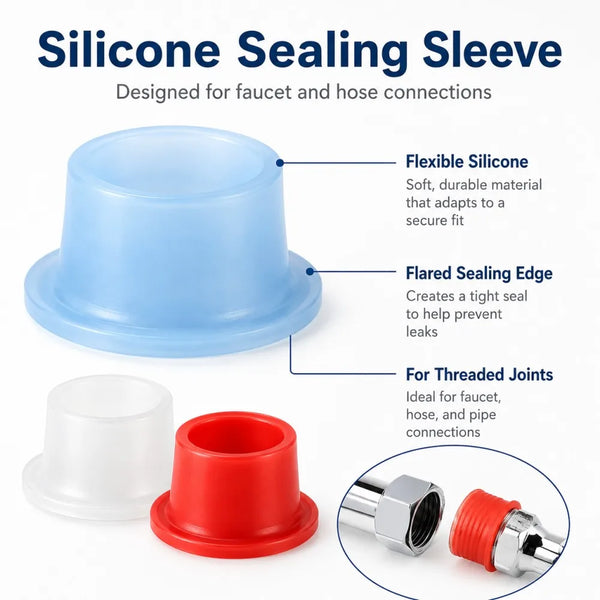 A silicone sealing sleeve in blue and red for faucet and hose connections, shown next to threaded joints.